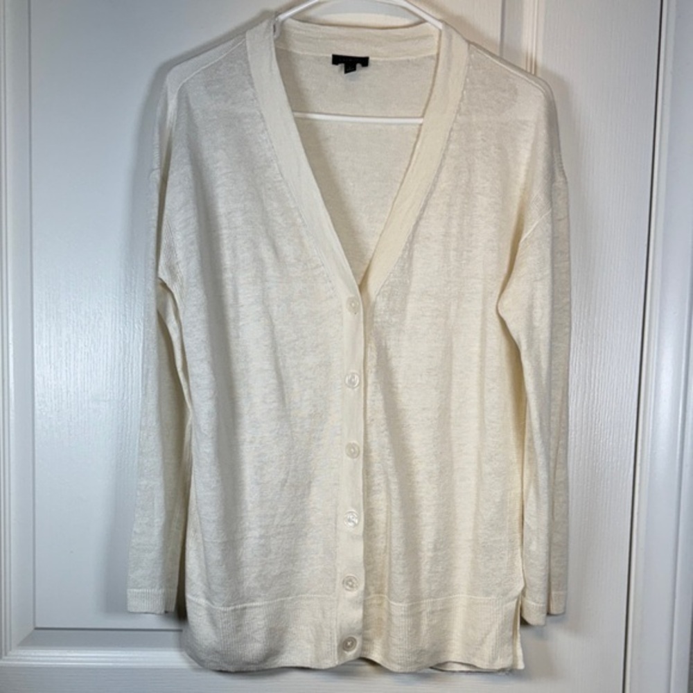 Talbots White Button Cardigan 100% Linen Sweater Size Small EUC #5760